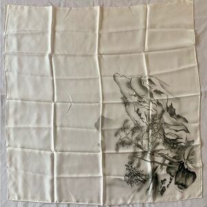 Vintage 100% Cream/Gray/Black Silk Scarf Hand Rolled Ink Wash (Sumi-e) Landscape